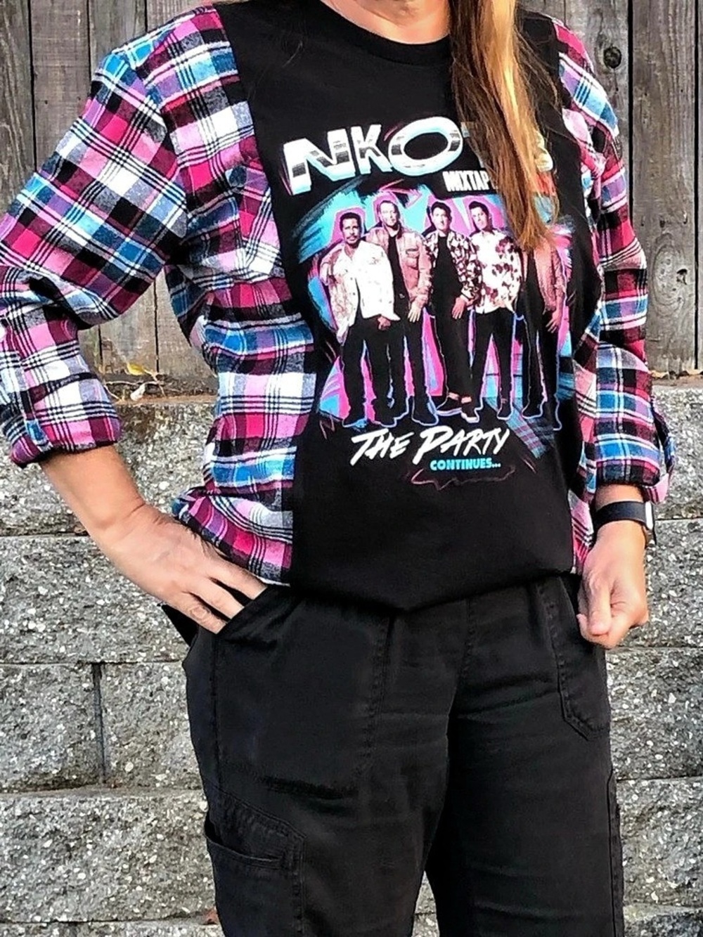 New Kids on the Block NKOTB The Party Continues Plaid Long Sleeve Upcycled Flan